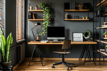 Workplace with wooden desk and black chair against of black wall with shelving unit. Interior design of modern scandinavian home office
