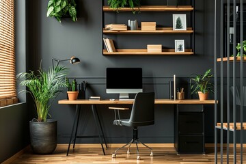 Workplace with wooden desk and black chair against of black wall with shelving unit. Interior design of modern scandinavian home office