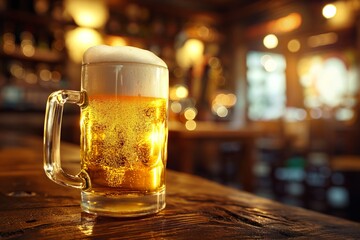 A golden mug of beer with foam on a wooden bar counter in a pub