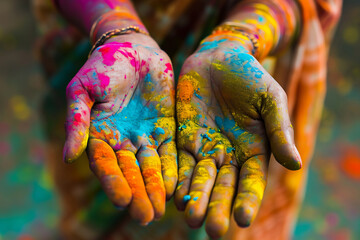 image of hands smeared with bright Holi colors powder