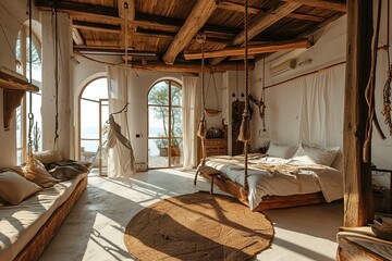 Luxury bedroom design in a rustic cottage in a minimalist style. white walls, panoramic windows, wooden elements of decoration on the ceiling, rope swings in the middle of a spacious room - obrazy, fototapety, plakaty