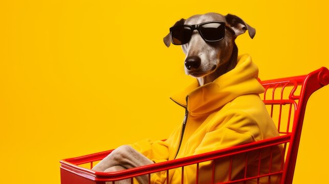 dog wearing sunglasses in a supermarket trolley on a yellow background