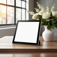 Mockup of a tablet screen on a table with flowers in a vase.
