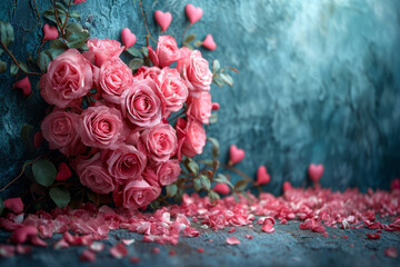 beautiful Valentine's day background with a bouquet of roses in the shape of a heart on a wall background with a place for text