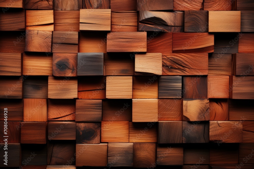 Aufkleber wooden wall composed of intricate squares and cubes, creating a mesmerizing mosaic of geometric patt