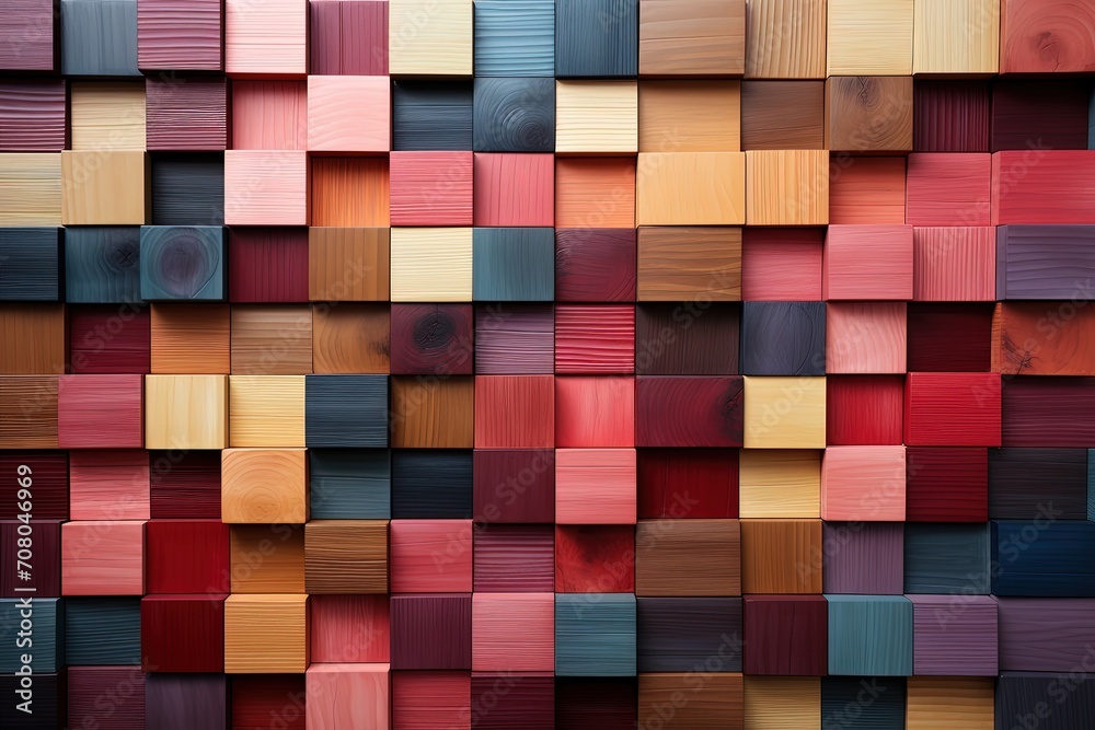Poster A wall made up of various colored blocks arranged in a mosaic pattern, creating a visually striking and artistic display of color and texture