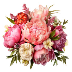 beautiful bouquet of Peonies in various colors, including white, pink, peach, red, and light pink, adorned with small green leaves and tiny pink grass flowers.