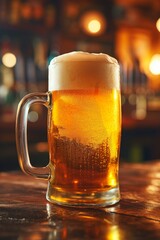 A golden mug of beer with foam on a wooden bar counter in a pub