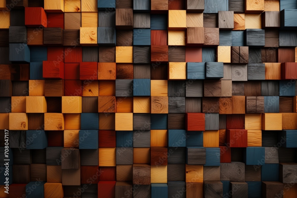 Aufkleber wall constructed entirely of wooden blocks featuring a vibrant array of colors, creating a visually striking mosaic pattern
