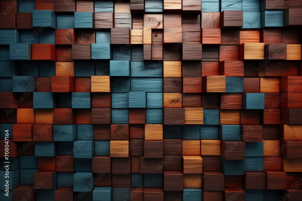 Poster a creative and artistic wall made of wooden blocks in various vibrant colors, showcasing a spectrum 
