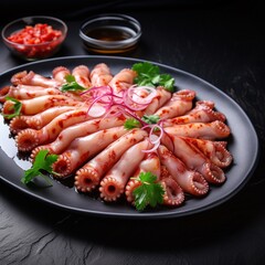 Raw octopus tentacles with parsley and red onion on black plate. AI.