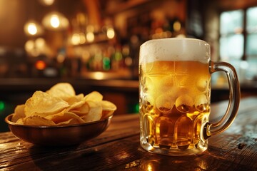 A golden mug of beer with a bowl of potato chips on a wooden table in a pub - obrazy, fototapety, plakaty