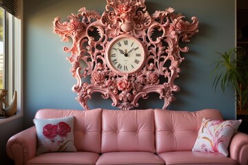 A soft pink couch is positioned elegantly in front of a classic wall clock, creating a tranquil and stylish setting