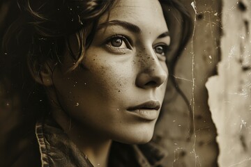 This black and white photo captures the essence of a woman with freckled hair, showcasing the unique contrast in her features