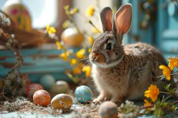 Fototapeta na wymiar a pet rabbit on a background of Easter colorful eggs and spring flowers