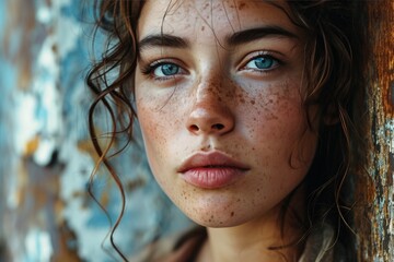 This close-up photo captures the intricate patterns of freckles adorning the face of a person. The freckles form unique constellations, emphasizing the natural beauty of the individual - obrazy, fototapety, plakaty