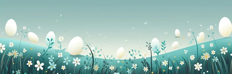 Gardinen A panoramic illustration of white and pastel-toned Easter eggs amidst a field of spring flowers and foliage, conveying a serene Easter setting. © Jaume Pera