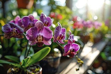 A vibrant group of purple orchids are flourishing in pots placed on a sunlit window sill. The...