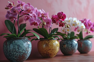 A group of vases filled with colorful flowers, showcasing a display of natures beauty and vibrant hues