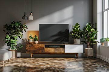 Mockup a TV wall mounted with decoration in living room and white wall.