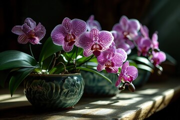 A stunning cluster of purple orchid flowers elegantly arranged on top of a wooden table, showcasing...