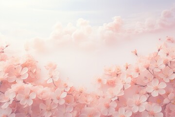 pink cherry flowers against a clouds background, creating a soft and serene visual experience with its delicate brushstrokes and vibrant colors