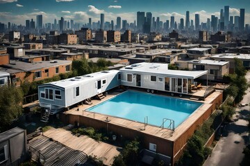 Fototapeta na wymiar A wide-angle shot capturing the juxtaposition of a mobile home with swimming pool against the backdrop of a bustling urban skyline