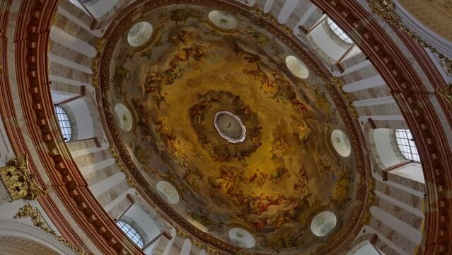 Karlskirche St. Charles Church inside the dome ceiling fresco with camera spin, Vienna, Austria