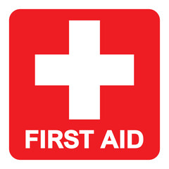 First aid sign, health cross medical symbol, medicine emergency illustration icon, safety design. Red square and white cross symbol with FIRST AID text below, vector illustration islated on white. - obrazy, fototapety, plakaty