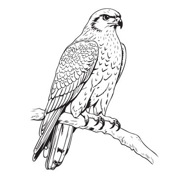 Falcon bird of prey sitting sketch black and white vector