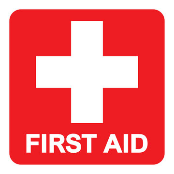 First aid sign, health cross medical symbol, medicine emergency illustration icon, safety design. Red square and white cross symbol with FIRST AID text below, vector illustration islated on white.