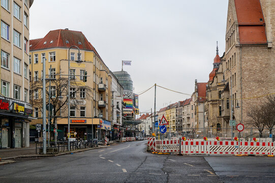 Berlin, Germany - January 1, 2024: Cityscape with a main street in Berlin-Neukoelln on New Year's Day.