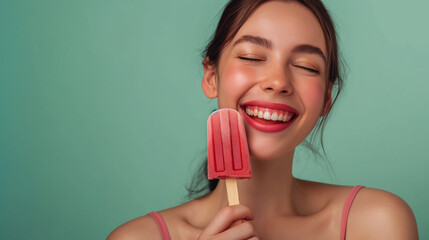  Photo of pleased Afro American woman stands with closed eyes holds ice creams near face dressed in casual wear isolated on green background. Teenage girl goes out with friends during summer time - Powered by Adobe