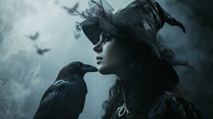 A pretty young witch with crow on her shoulder smiling with conspiracy on dark smoky background with copy space.