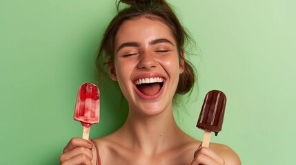  Photo of pleased Afro American woman stands with closed eyes holds two ice creams near face dressed in casual wear isolated on green background. Teenage girl goes out with friends during summer time - obrazy, fototapety, plakaty