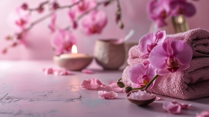 massage burning candles on the table, pink flowers on a pink background, spa salon, relaxing
