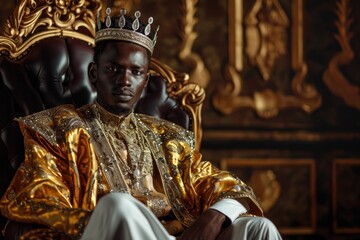 Regal studio portrait of a young African man as a traditional prince, with royal robes and a crown, isolated on a palace interior background - obrazy, fototapety, plakaty