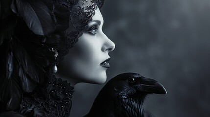Raven minion is whispering to a dark beautiful witch woman on smoky black background with copy space, Halloween card, event poster and backgrounds, mysterious black woman in vintage style. - obrazy, fototapety, plakaty
