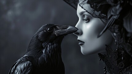 Raven minion is whispering to a dark beautiful witch woman on smoky black background with copy space, Halloween card, event poster and backgrounds, mysterious black woman in vintage style.