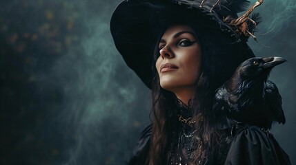 Fototapeta premium A pretty young witch with crow on her shoulder smiling with conspiracy on dark smoky background with copy space.