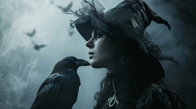 A pretty young witch with crow on her shoulder smiling with conspiracy on dark smoky background with copy space.