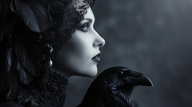 Raven minion is whispering to a dark beautiful witch woman on smoky black background with copy space, Halloween card, event poster and backgrounds, mysterious black woman in vintage style.