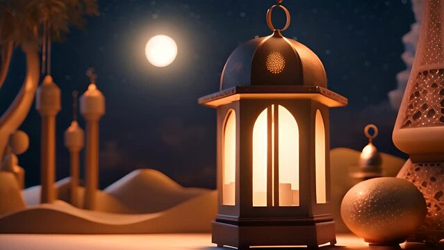 Islamic lantern in night with moon Ramadan Kareem Islamic video background, Generative Ai