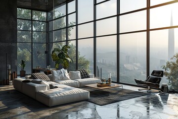 modern living room with large windows and city background background