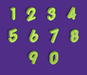 set of green 3D numbers on violet background, 3d rendering, 1, 2, 3, 4, 5, 6, 7, 8, 9, 0