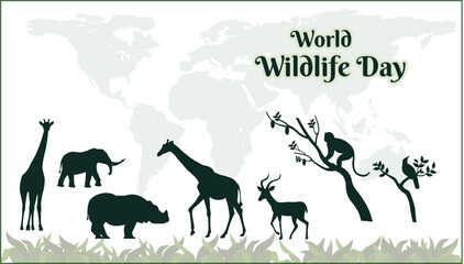 Vector world wildlife day, world wildlife conservation day poster or banner, flat background design with animals and nature.   
