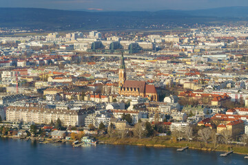 Vienna, Austria - 14 December 2023: view of the northern part of the city including St. Leopold's Church and Floridsdorf district