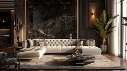 The inviting luxury of a spacious apartment's comfortable suite lounge unfolds in a symphony of refined details.