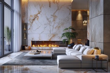 Modern penthouse living room designer interior in arab style with pastel shade color, created, wall art, sofa with fireplace, marble wall, designer room.
