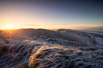 sunrise over frozen snowy dunes at sea shore - 708050102